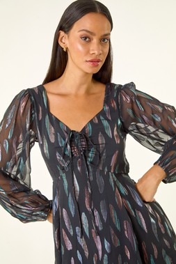Roman Dusk Black Foil Print Tie Front Fit & Flare Dress