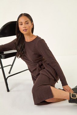 Roman Petite Chocolate Brushed Tie Waist Stretch Midi Dress