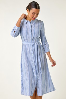 Roman Light Blue Textured Stripe Belted Shirt Dress