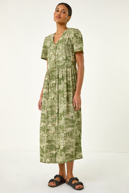 Roman Khaki Geo Print Button Midi Dress