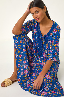 Roman Blue Floral Print Lace Detail Smock Dress