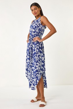 Roman Navy Leaf Print Tie Dress