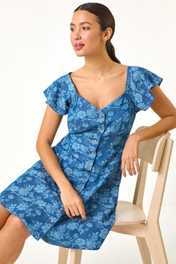 Roman Denim Print Buttoned Mini Dress