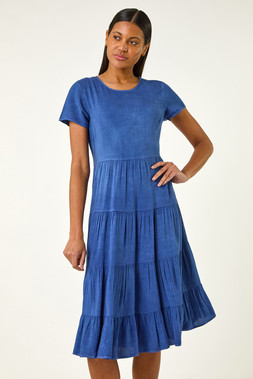 Roman Light Blue Plain Tiered Midi Dress