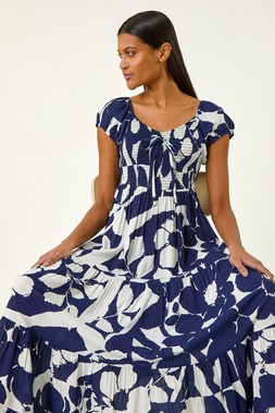 Roman Navy Shadow Floral Tie Tiered Dress