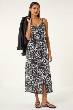 Roman Black Abstract Gathered Strappy Midi Dress