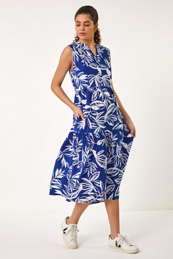 Roman Blue Leaf Print Midi Dress