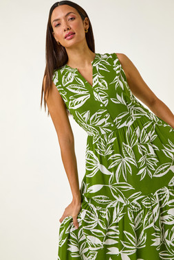 Roman Leaf Print Tie Midi Dress