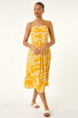 Roman Yellow Leaf Print Strap Midi Dress