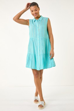 Roman Blue Shimmer Buttoned Shirt Dress