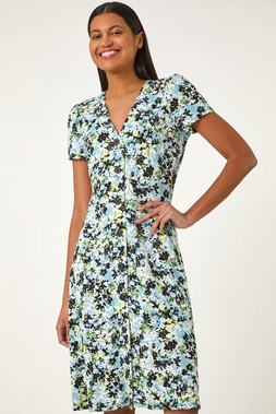 Roman Floral Print Button Through Stretch Dress