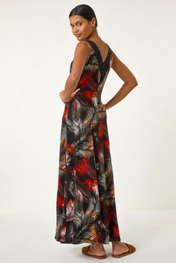 Roman Rust Palm Print Contrast Band Maxi Dress