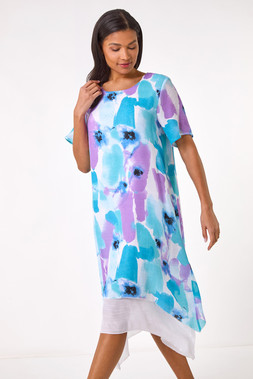 Roman Turqouise Abstract Print Double Layer Shift Dress