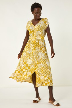Roman Leaf Print Button Midi Dress