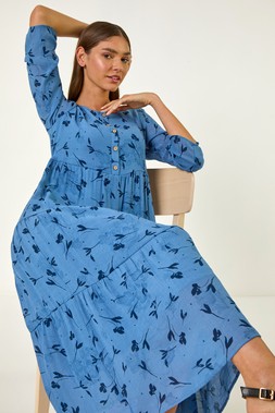 Roman Blue Floral Print Button Midi Dress