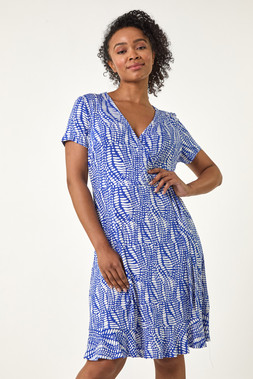 Roman Petite Blue Petite Abstract Print Wrap Frill Dress