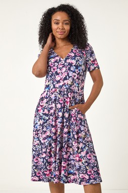 Roman Petite Navy Petite Floral Pocket Midi Dress