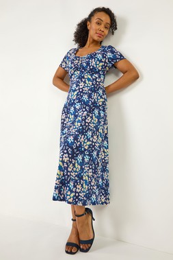 Roman Petite Blue Floral Ruched Front Dress