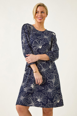 Roman Petite Navy Floral Print Stretch Dress