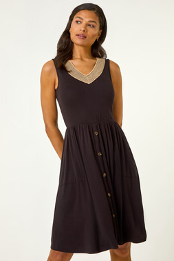 Roman Contrast V-Neck Stretch Midi Dress