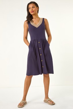 Roman Navy Contrast V-Neck Stretch Dress