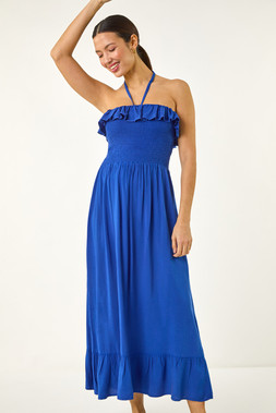 Roman Frill Shirred Bandeau Midi Dress