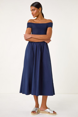 Roman Navy Shirred Cotton Midi Dress