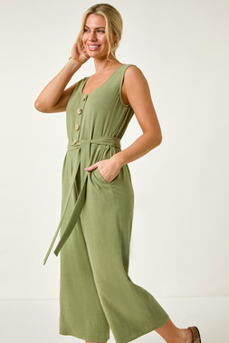 Roman Petite Linen Button Front Jumpsuit