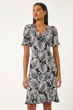 Roman Ivory Leaf Print Side Button Dress