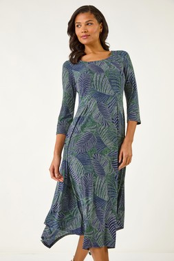 Roman Green Leaf Puff Print Hanky Hem Midi Dress