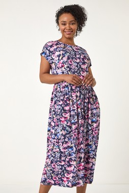 Roman Petite Navy Petite Floral Print Gathered Midi Dress