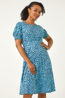 Roman Petite Blue Shirred Sleeve Floral Dress