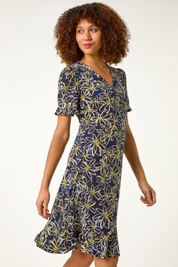 Roman Yellow Floral Print Side Button Dress