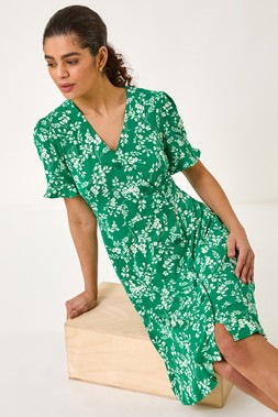 Roman Green Ditsy Floral Side Button Dress
