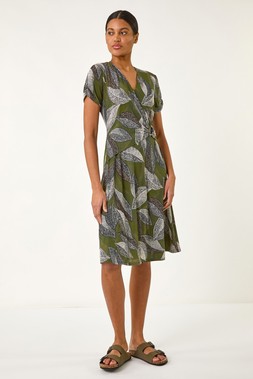 Roman Khaki Leaf Print Ring Detail Midi Dress