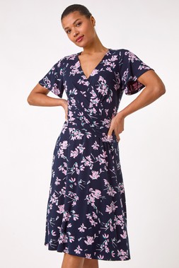 Roman Navy Floral Print Wrap Over Midi Dress