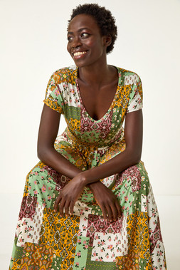 Roman Khaki Patchwork Shirred Maxi Dress