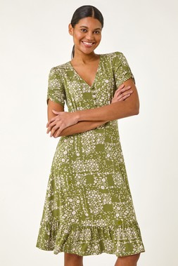 Roman Khaki Floral Button Short Dress