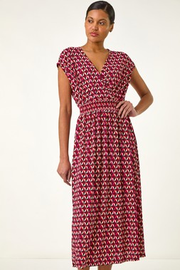 Roman Red Geo Print V-Neck Stretch Midi Dress