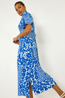 Roman	Floral Print V-Neck Stretch Midi Dress