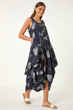 Roman Navy Abstract Bubble Hem Midi Dress