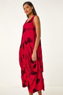 Roman Red Abstract Bubble Hem Midi Dress