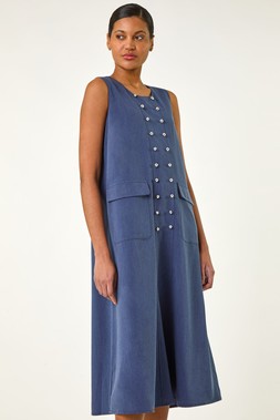 Roman Blue Button Detail Midi Stretch Dress