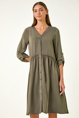 Roman Khaki Satin Drop Waist Smock Dress