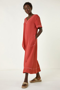 Roman Rust Contrast Stitch Woven Dress