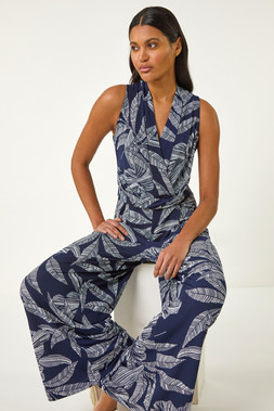 Roman Navy Leaf Puff Print Crossover Jumpsuit