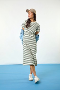 Roman Petite Stripe Knit Midi Dress & Light Blue Petite Bleached Denim Jacket