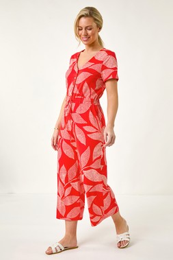 Roman Petite Leaf Print Stretch Jumpsuit