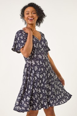 Roman Petite Floral Print Pleated Forties Dress