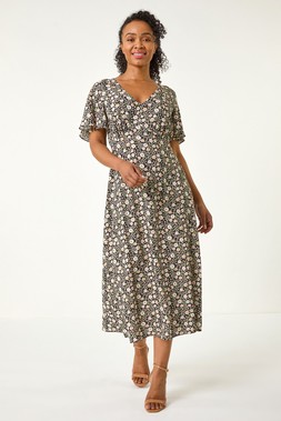 Roman Petite Black Ditsy Tea V-Neck Midi Dress